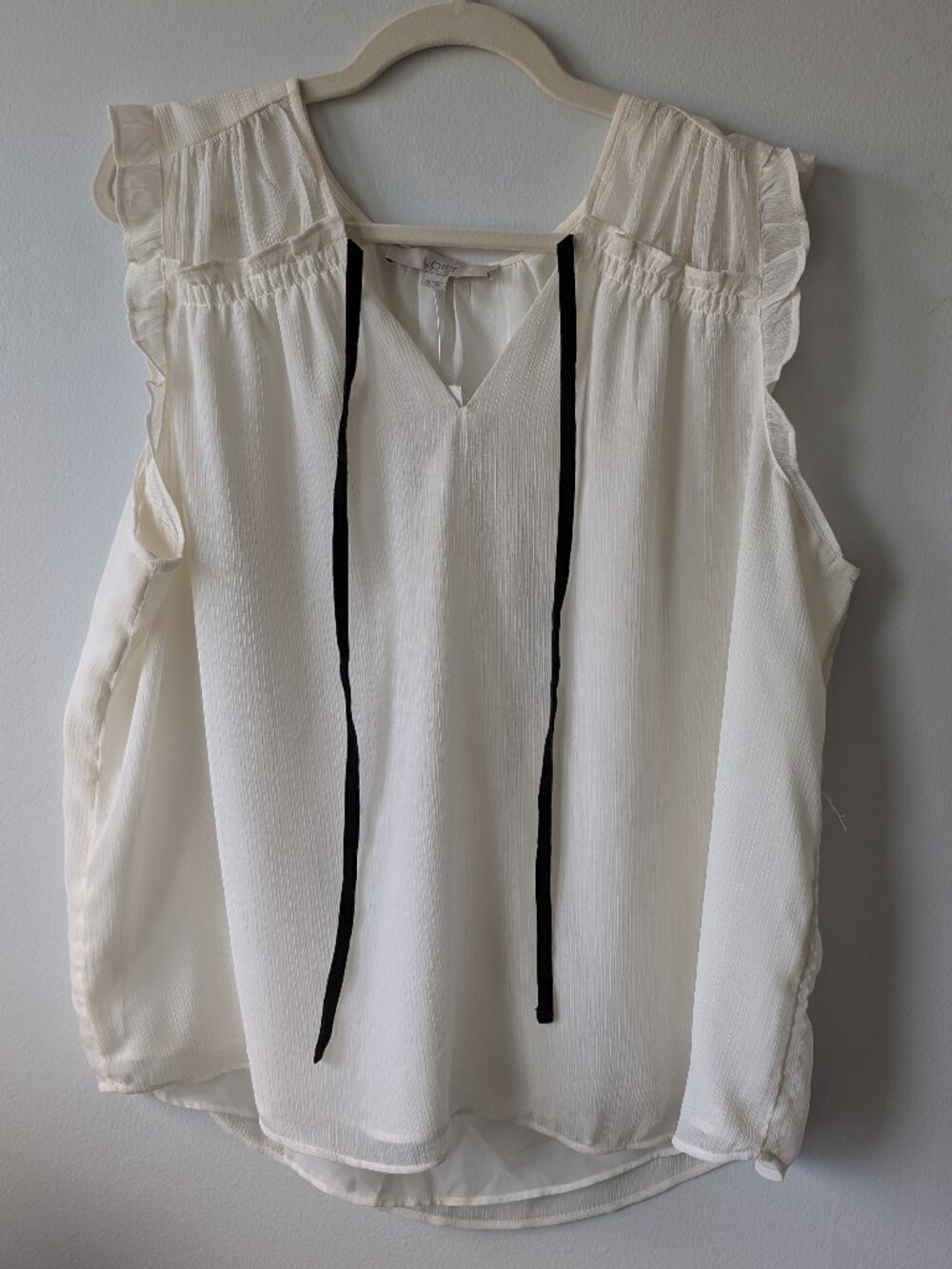 LOFT Ivory Ruffle Sleeve Tie Neck Blouse Top XL NWT